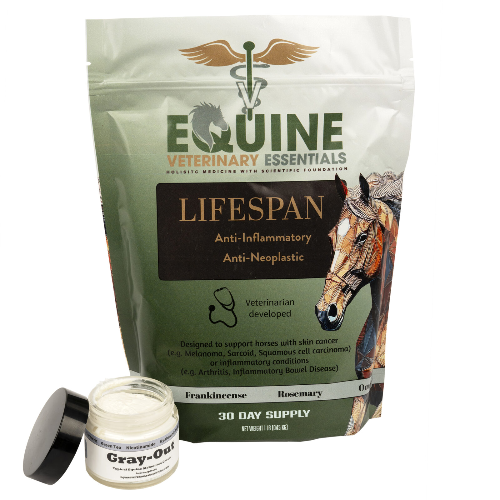 Equine Veterinary Essentials Lifespan and gray-out product photo on white