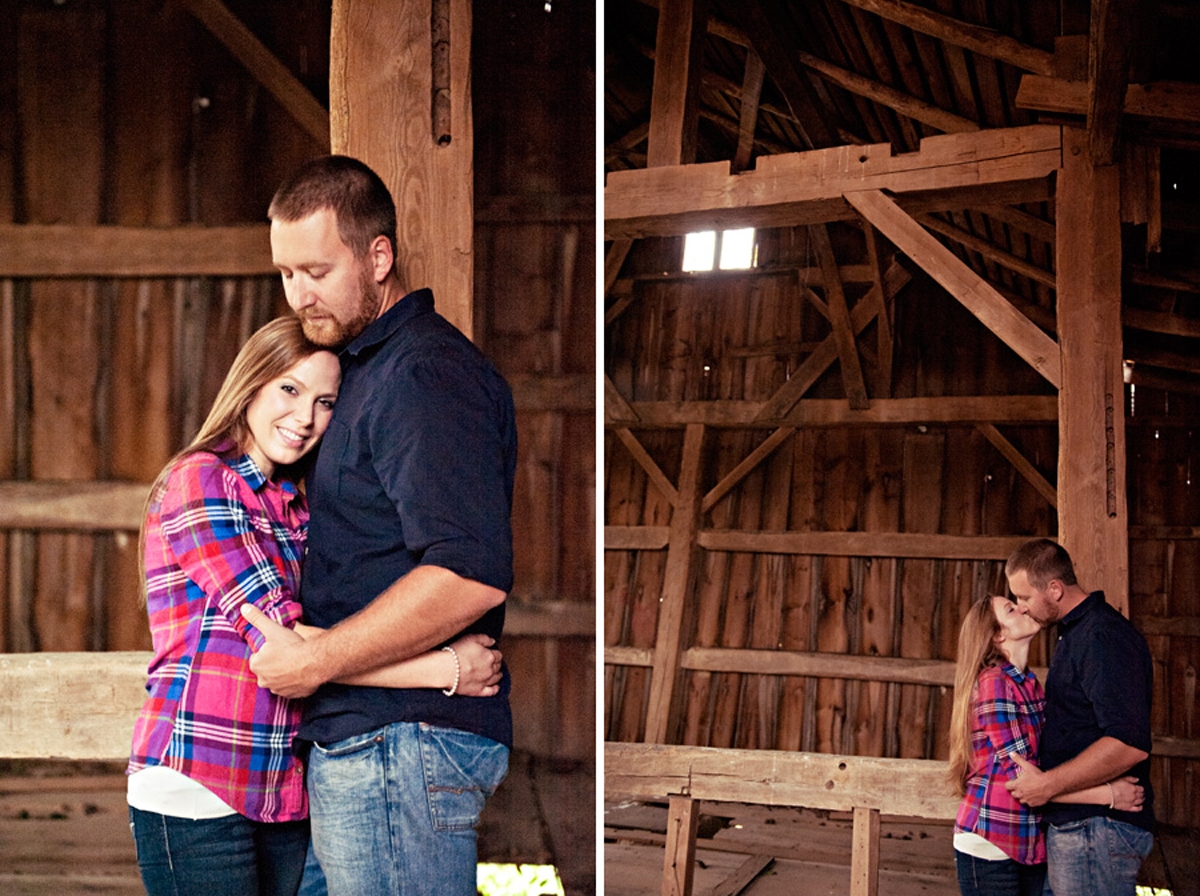 Engagement Photography - Couple hugging and kissing in wooden barn