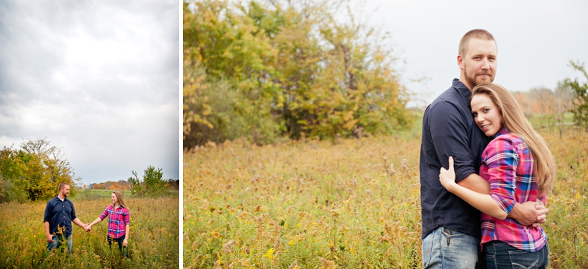 Engagement Photography - Fall couple embracing and holding hands in field