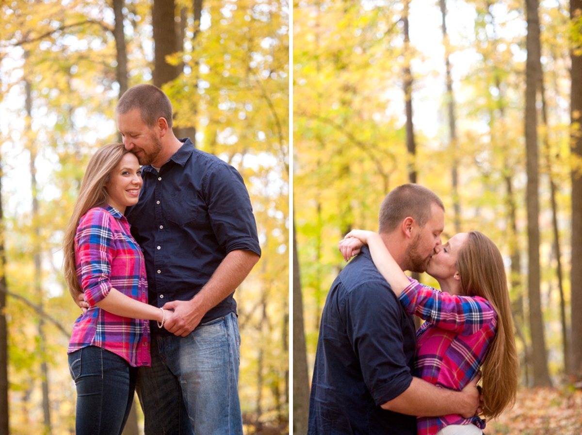 Engagement Photography - Couple hugging and kissing in Autumn woods