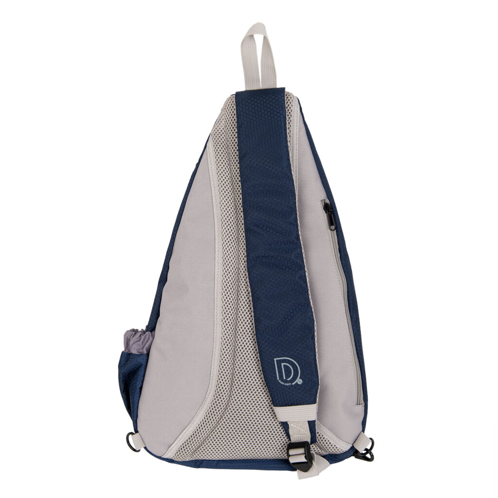 blue and gray disc golf bag back showing strap