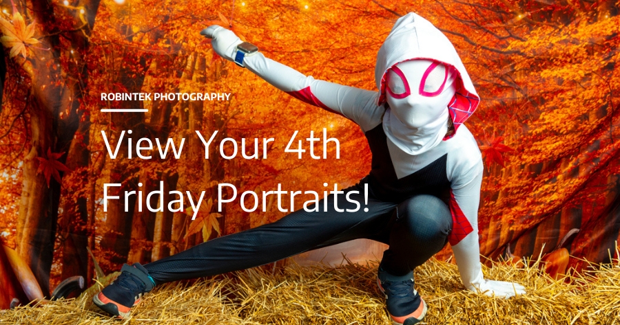 View your 4th friday portraits text over photo of child in spider girl costume